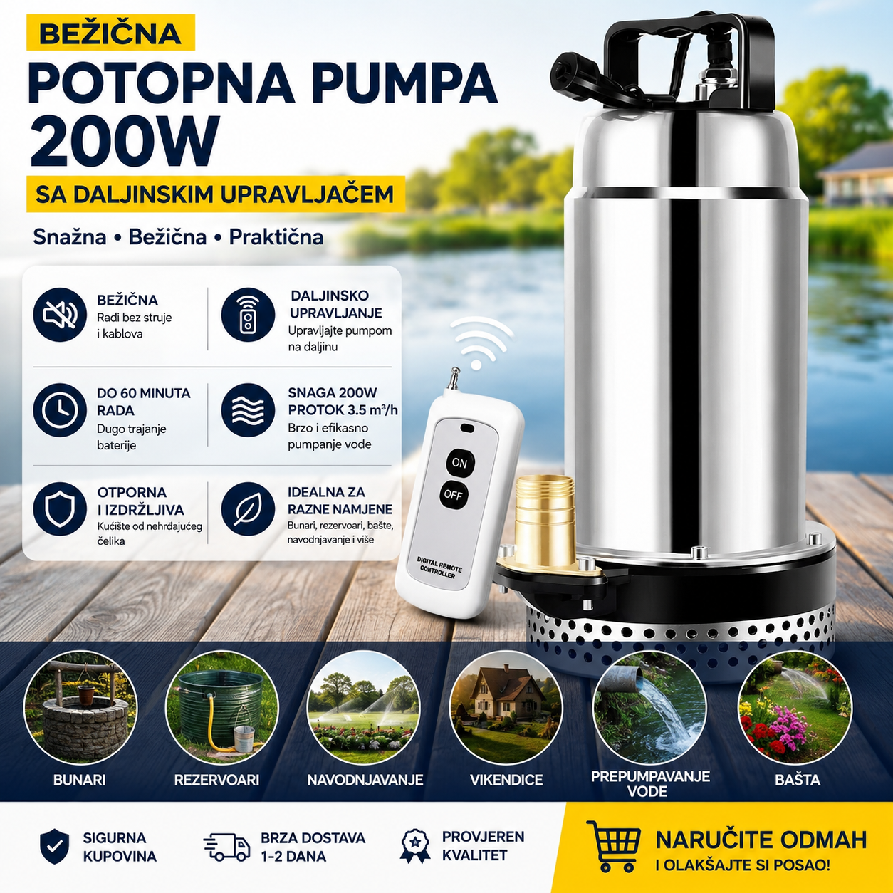Bežična Potopna Pumpa 200W sa Daljinskim Upravljačem