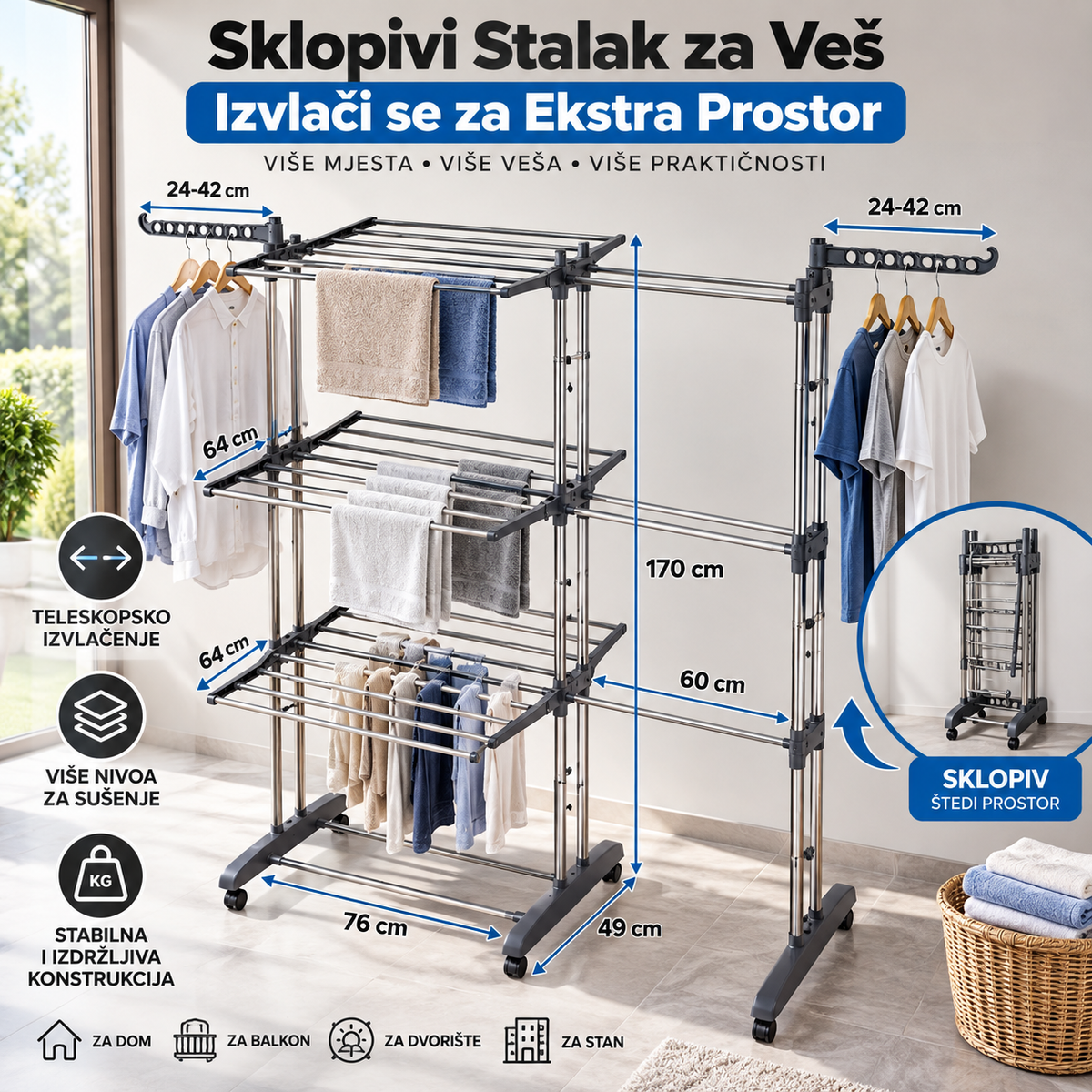 Sklopivi Stalak za Veš – Izvlači se za Ekstra Prostor
