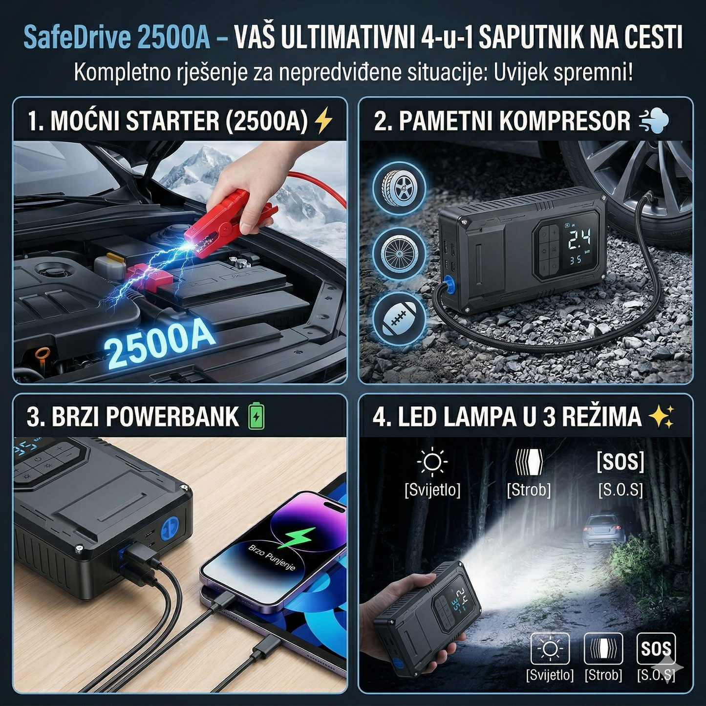 4u1 Starter + Kompresor + PowerBank + Lampa (2500A)