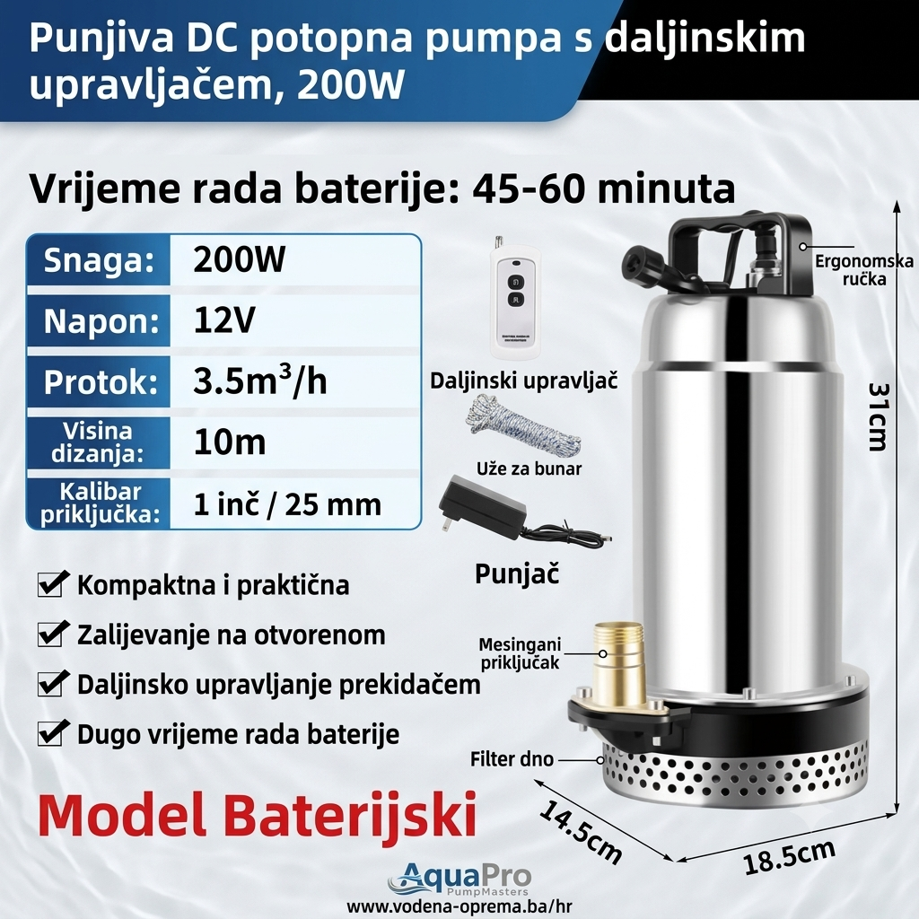 Bežična Potopna Pumpa 200W sa Daljinskim Upravljačem